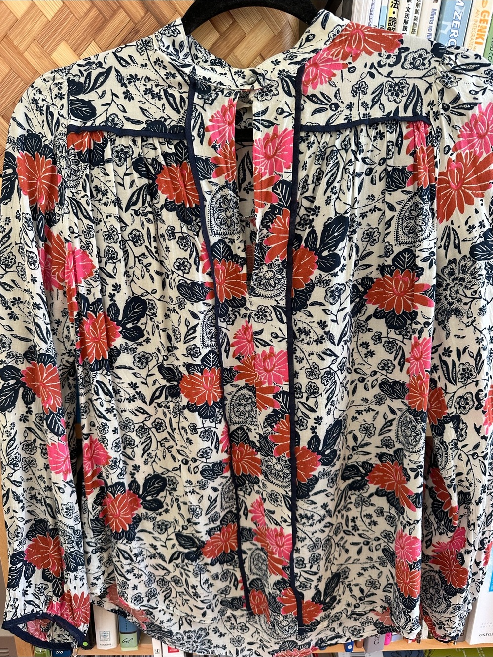 Tie-Neck Floral Blouse in Cream with Pink & Orange Blooms